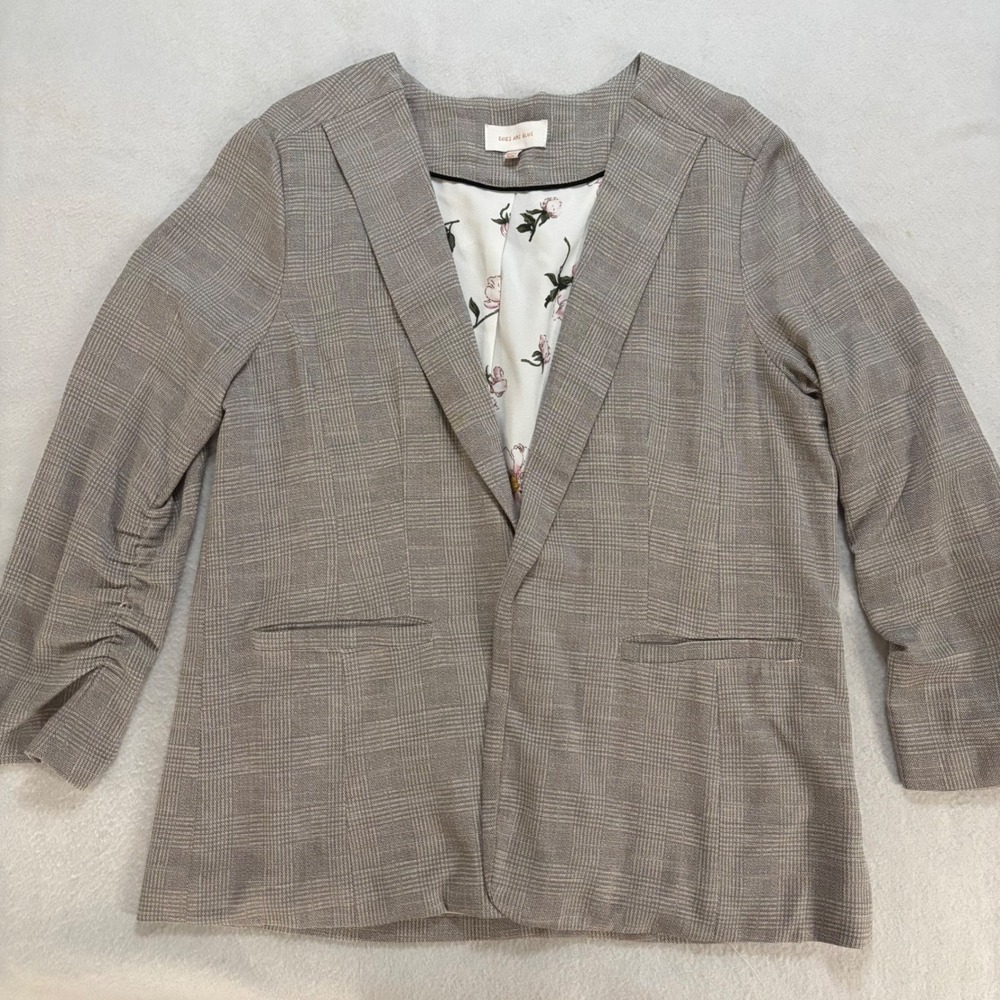 Skies Are Blue Glen Plaid Floral Lined Ruched Sleeve Blazer Tan Grey XL 23725